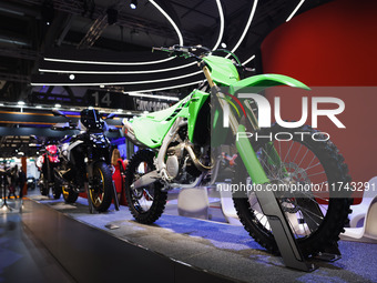 A general view of a motorcycle display at the Lenovo stand during the inauguration of the 110th edition of the EICMA Milan Motorcycle Show a...