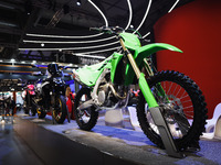 A general view of a motorcycle display at the Lenovo stand during the inauguration of the 110th edition of the EICMA Milan Motorcycle Show a...