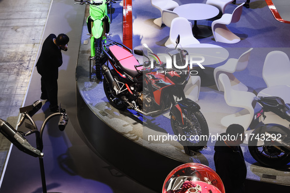 A general view of a motorcycle display at the Lenovo stand during the inauguration of the 110th edition of the EICMA Milan Motorcycle Show a...