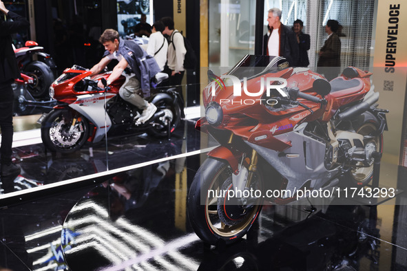 A general view of a motorcycle display at the exhibition stand during the inauguration of the 110th edition of EICMA Milan Motorcycle Show a...