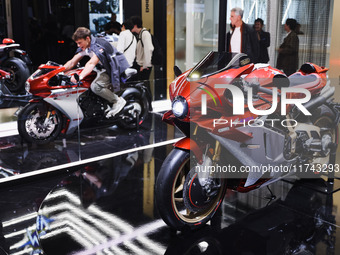 A general view of a motorcycle display at the exhibition stand during the inauguration of the 110th edition of EICMA Milan Motorcycle Show a...