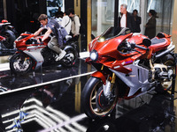 A general view of a motorcycle display at the exhibition stand during the inauguration of the 110th edition of EICMA Milan Motorcycle Show a...