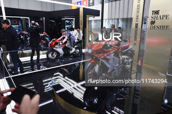 A general view of a motorcycle display at the exhibition stand during the inauguration of the 110th edition of EICMA Milan Motorcycle Show a...