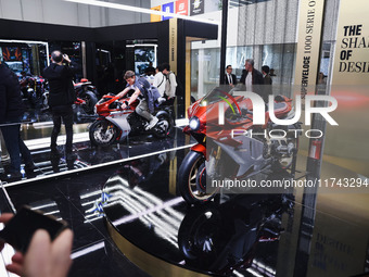 A general view of a motorcycle display at the exhibition stand during the inauguration of the 110th edition of EICMA Milan Motorcycle Show a...