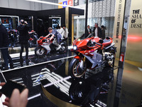 A general view of a motorcycle display at the exhibition stand during the inauguration of the 110th edition of EICMA Milan Motorcycle Show a...