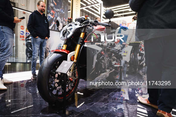 A general view of a motorcycle display at the exhibition stand during the inauguration of the 110th edition of EICMA Milan Motorcycle Show a...