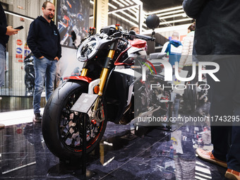 A general view of a motorcycle display at the exhibition stand during the inauguration of the 110th edition of EICMA Milan Motorcycle Show a...