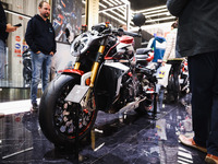 A general view of a motorcycle display at the exhibition stand during the inauguration of the 110th edition of EICMA Milan Motorcycle Show a...