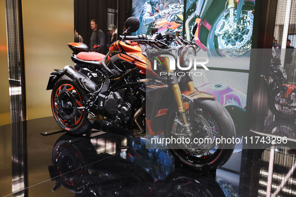 A general view of a motorcycle display at the KTM stand during the inauguration of the 110th edition of EICMA Milan Motorcycle Show at Rho F...