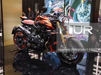 A general view of a motorcycle display at the KTM stand during the inauguration of the 110th edition of EICMA Milan Motorcycle Show at Rho F...