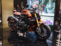 A general view of a motorcycle display at the KTM stand during the inauguration of the 110th edition of EICMA Milan Motorcycle Show at Rho F...