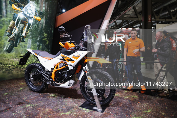 A general view of a motorcycle display at the KTM stand during the inauguration of the 110th edition of EICMA Milan Motorcycle Show at Rho F...