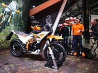 A general view of a motorcycle display at the KTM stand during the inauguration of the 110th edition of EICMA Milan Motorcycle Show at Rho F...