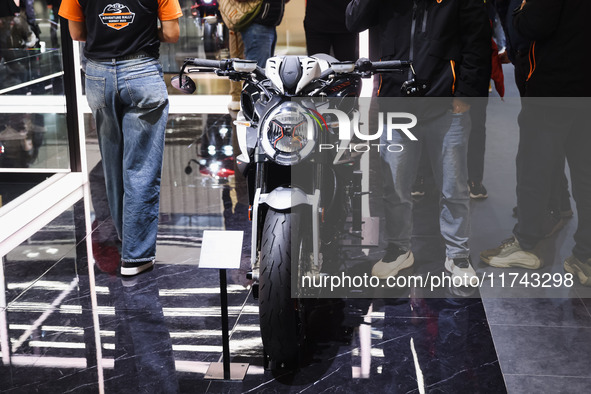 A general view of a motorcycle display at the KTM stand during the inauguration of the 110th edition of EICMA Milan Motorcycle Show at Rho F...