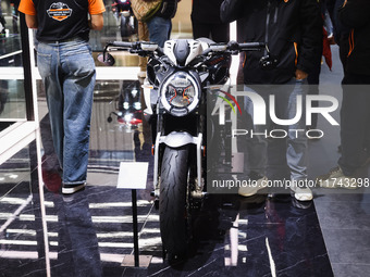 A general view of a motorcycle display at the KTM stand during the inauguration of the 110th edition of EICMA Milan Motorcycle Show at Rho F...