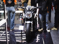 A general view of a motorcycle display at the KTM stand during the inauguration of the 110th edition of EICMA Milan Motorcycle Show at Rho F...