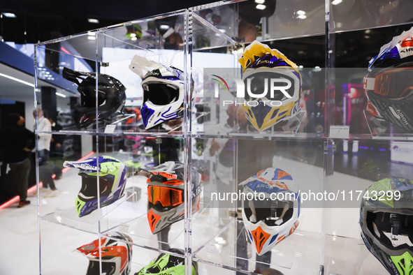 A general view of a motorcycle display at the Airoh stand during the inauguration of the 110th edition of the EICMA Milan Motorcycle Show at...