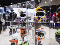 A general view of a motorcycle display at the Airoh stand during the inauguration of the 110th edition of the EICMA Milan Motorcycle Show at...