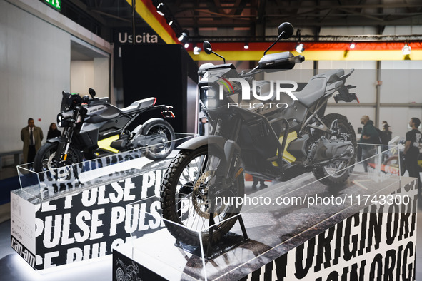 A general view of a motorcycle display at the exhibition stand during the inauguration of the 110th edition of EICMA Milan Motorcycle Show a...