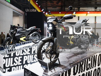 A general view of a motorcycle display at the exhibition stand during the inauguration of the 110th edition of EICMA Milan Motorcycle Show a...