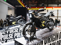 A general view of a motorcycle display at the exhibition stand during the inauguration of the 110th edition of EICMA Milan Motorcycle Show a...