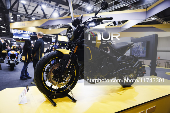 A general view of a motorcycle display at the exhibition stand during the inauguration of the 110th edition of EICMA Milan Motorcycle Show a...