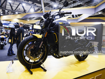 A general view of a motorcycle display at the exhibition stand during the inauguration of the 110th edition of EICMA Milan Motorcycle Show a...