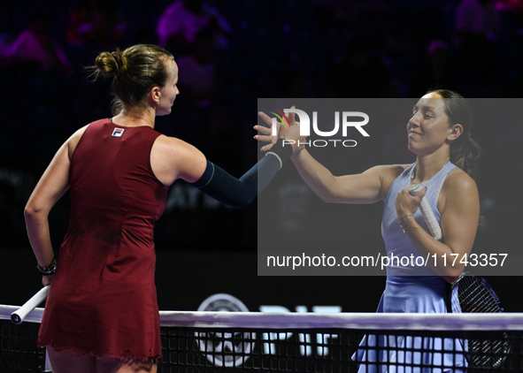 RIYADH, SAUDI ARABIA - NOVEMBER 05: Jessica Pegula of USA congratulates Barbora Krejcikova of Czech Republic at the end of their match, on d...