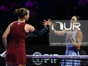 RIYADH, SAUDI ARABIA - NOVEMBER 05: Jessica Pegula of USA congratulates Barbora Krejcikova of Czech Republic at the end of their match, on d...