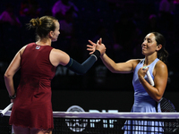 RIYADH, SAUDI ARABIA - NOVEMBER 05: Jessica Pegula of USA congratulates Barbora Krejcikova of Czech Republic at the end of their match, on d...