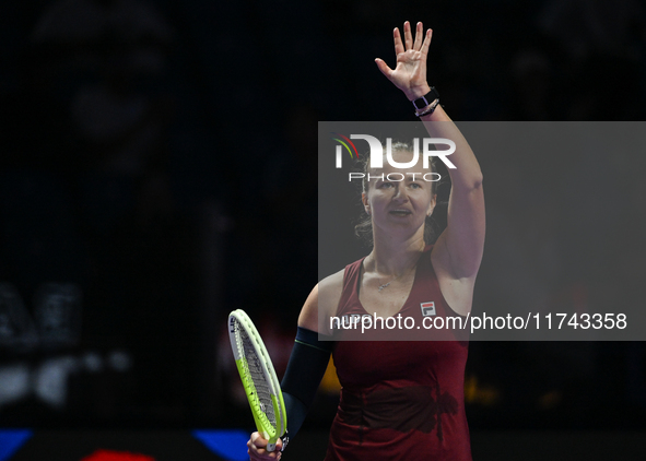 RIYADH, SAUDI ARABIA - NOVEMBER 05: Barbora Krejcikova of Czech Republic celebrates after winning her match against Jessica Pegula of USA, o...