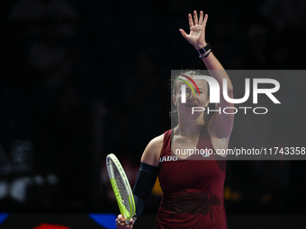 RIYADH, SAUDI ARABIA - NOVEMBER 05: Barbora Krejcikova of Czech Republic celebrates after winning her match against Jessica Pegula of USA, o...