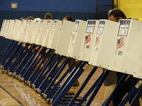 Americans cast their ballots in the presidential election in downtown New York, United States, on November 5, 2024, at the Institute of Art...