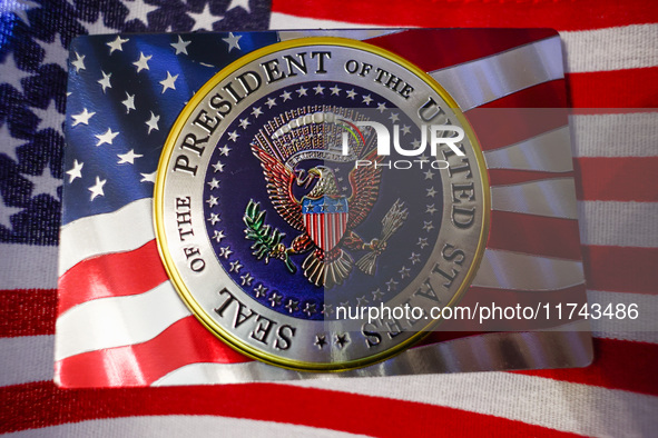 A sign with the Seal of the President of the United States is photographed for illustration photo. Krakow, Poland on November 5th, 2024.  