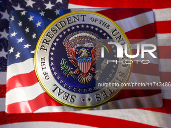 A sign with the Seal of the President of the United States is photographed for illustration photo. Krakow, Poland on November 5th, 2024.  (