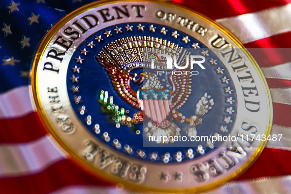 A sign with the Seal of the President of the United States is photographed for illustration photo. Krakow, Poland on November 5th, 2024.  