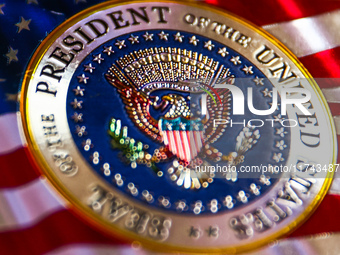 A sign with the Seal of the President of the United States is photographed for illustration photo. Krakow, Poland on November 5th, 2024.  (