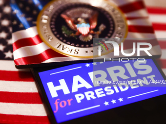 'Harris for President' sign is displayed on a mobile phone screen with US flag in the background for illustration photo. Krakow, Poland on N...