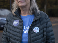 A supporter of Kamala Harris stands outside a Vote Center in Fairfax County, Virginia, on November 5, 2024. (