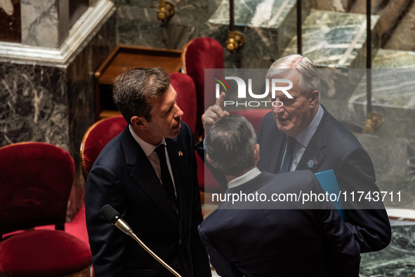 French Prime Minister Michel Barnier is at the National Assembly for question time in Paris, France, on November 5, 2024. 