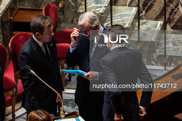 French Prime Minister Michel Barnier is at the National Assembly for question time in Paris, France, on November 5, 2024. 