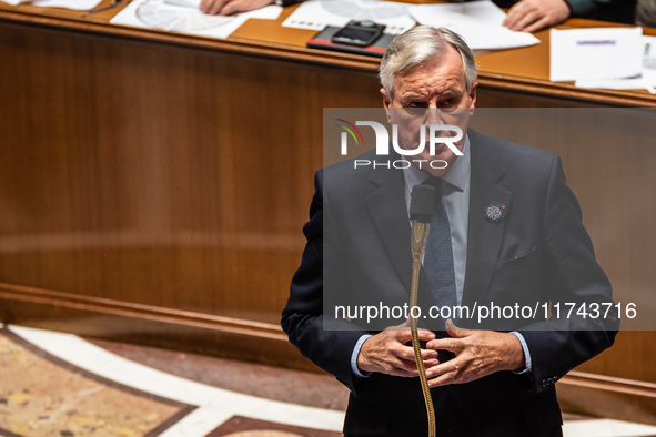 French Prime Minister Michel Barnier is at the National Assembly for question time in Paris, France, on November 5, 2024. 