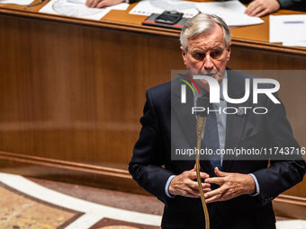 French Prime Minister Michel Barnier is at the National Assembly for question time in Paris, France, on November 5, 2024. (