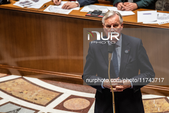 French Prime Minister Michel Barnier is at the National Assembly for question time in Paris, France, on November 5, 2024. 