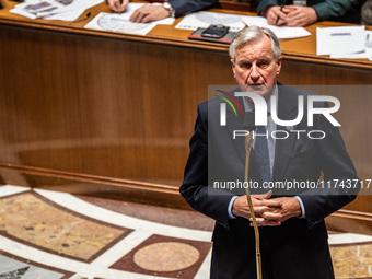 French Prime Minister Michel Barnier is at the National Assembly for question time in Paris, France, on November 5, 2024. (