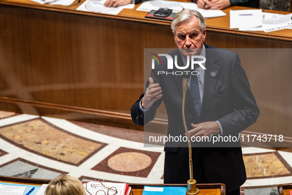 French Prime Minister Michel Barnier is at the National Assembly for question time in Paris, France, on November 5, 2024. 