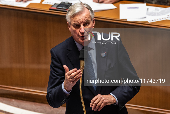 French Prime Minister Michel Barnier is at the National Assembly for question time in Paris, France, on November 5, 2024. 