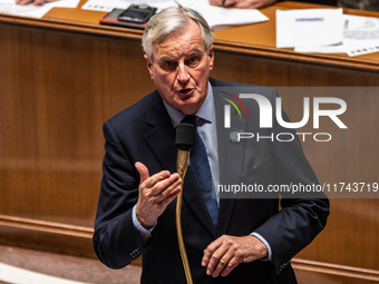 French Prime Minister Michel Barnier is at the National Assembly for question time in Paris, France, on November 5, 2024. (