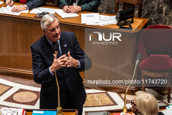 French Prime Minister Michel Barnier is at the National Assembly for question time in Paris, France, on November 5, 2024. 