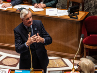 French Prime Minister Michel Barnier is at the National Assembly for question time in Paris, France, on November 5, 2024. (